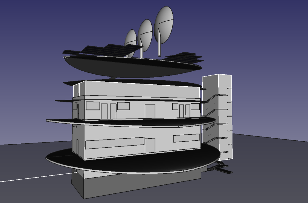 CAD screenshot of a 6-story masonry structure with a large array of solar panels and three large parabolic solar dishes on the roof