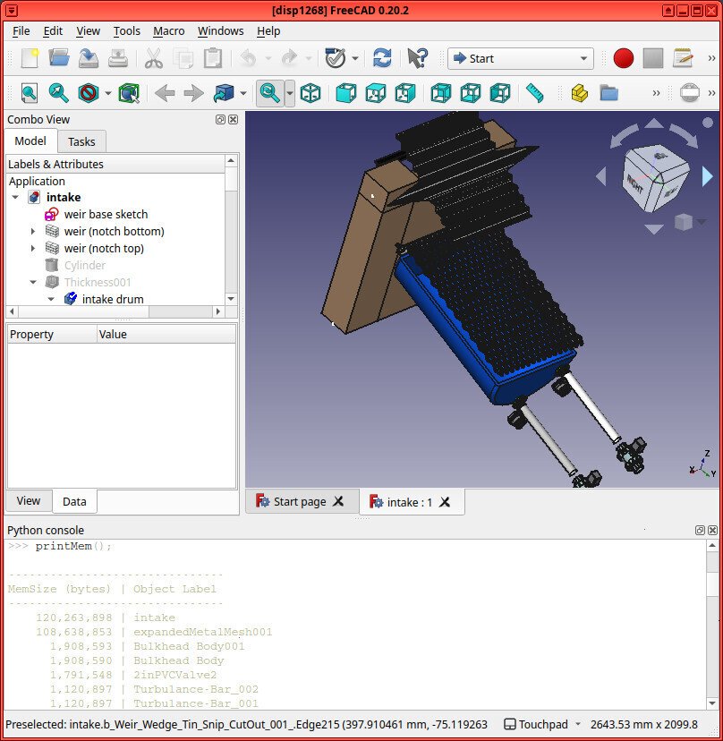 Screenshot of FreeCAD v0.20.2, showing the python console executing a call to "printMem();" and a table with a list of objects and their MemSize (bytes). The top item is "intake" with "120,263,898 bytes" followed by "expandedMetalMesh001" with "108,638,853 byes"