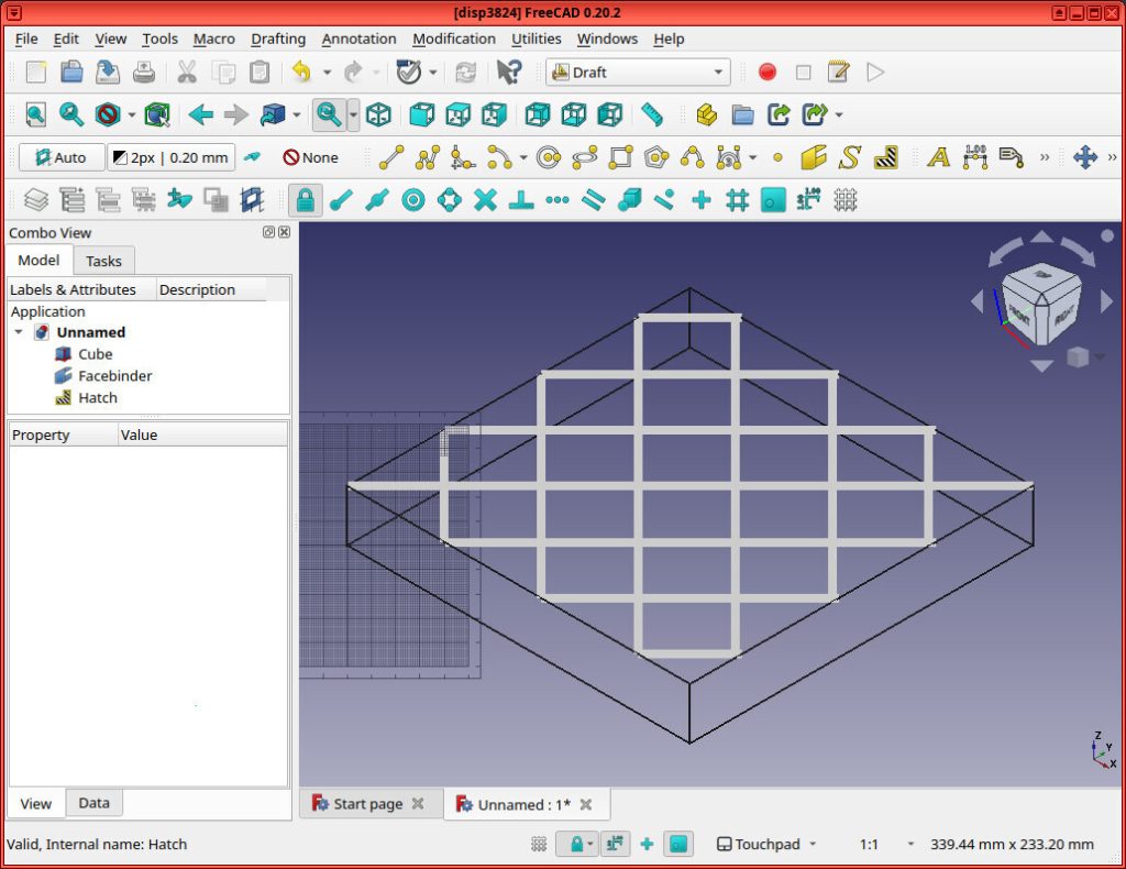 Screenshot of FreeCAD application shows a short cube with a diamond hatch pattern along its top-most face