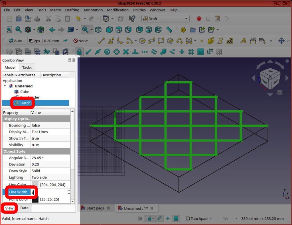 Screenshot of FreeCAD application shows the object named "Hatch" is highlighted in red, and the "Line Width = 8" option is also highlighted in red, inside the "View" tab.