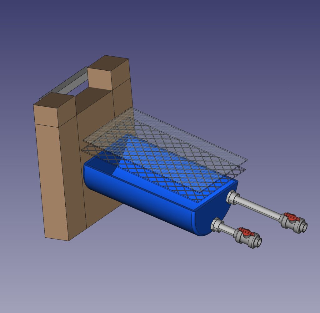Screenshot of a CAD diagram, showing a weir flowing into a blue drum cut in half with two screens ontop of it and two pipes coming out of it