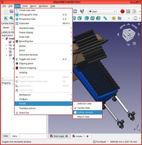 Screenshot of FreeCAD v0.20.2, showing the "View" menu open, the "Panels" submenu open, and the "Python console" checkbox highlighted