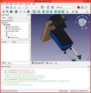 Screenshot of FreeCAD v0.20.2, showing a CAD 3D object, and an open "Python console" window at the bottom of the window.