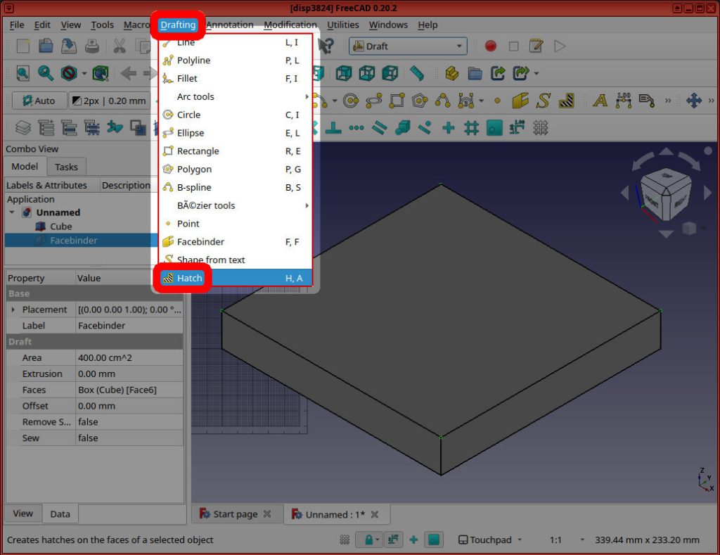 Screenshot of FreeCAD application shows the "Drafting" menu open, with "Hatch" selected in red