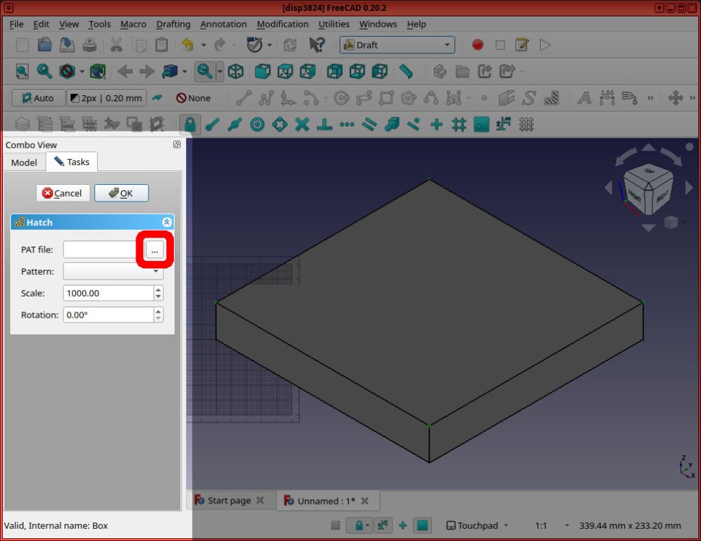 Screenshot of FreeCAD application shows the '...' button next to "PAT file" highlighted in red