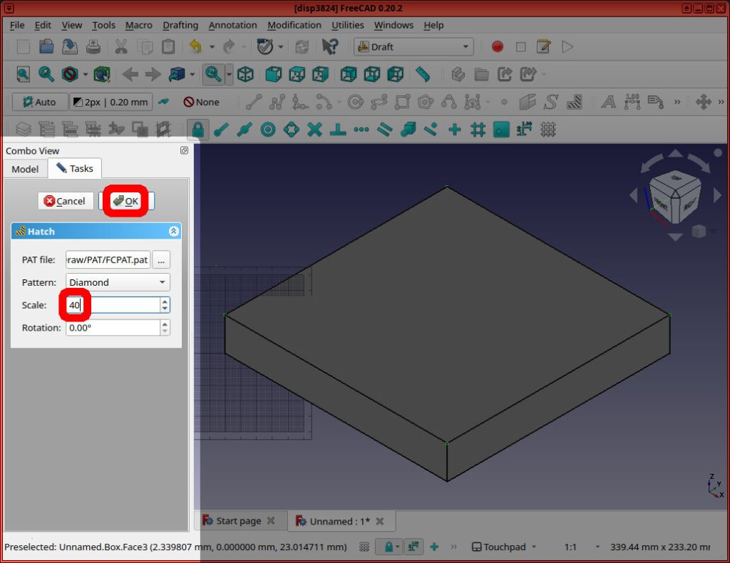 Screenshot of FreeCAD application shows "40" highlighted in red, next to "Scale". And the "OK" button is highlighted in red.