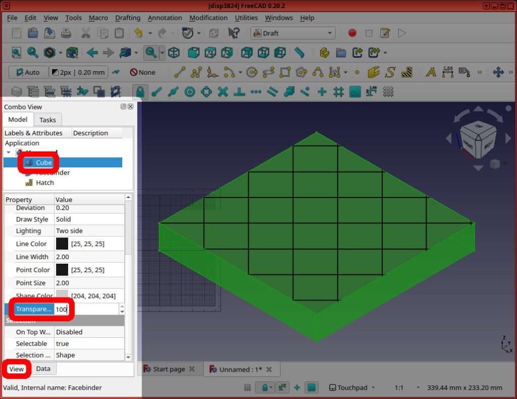 Screenshot of FreeCAD application shows the object named "Cube" is highlighted in red, and the "Transparency = 100" option is also highlighted in red, inside the "View" tab.