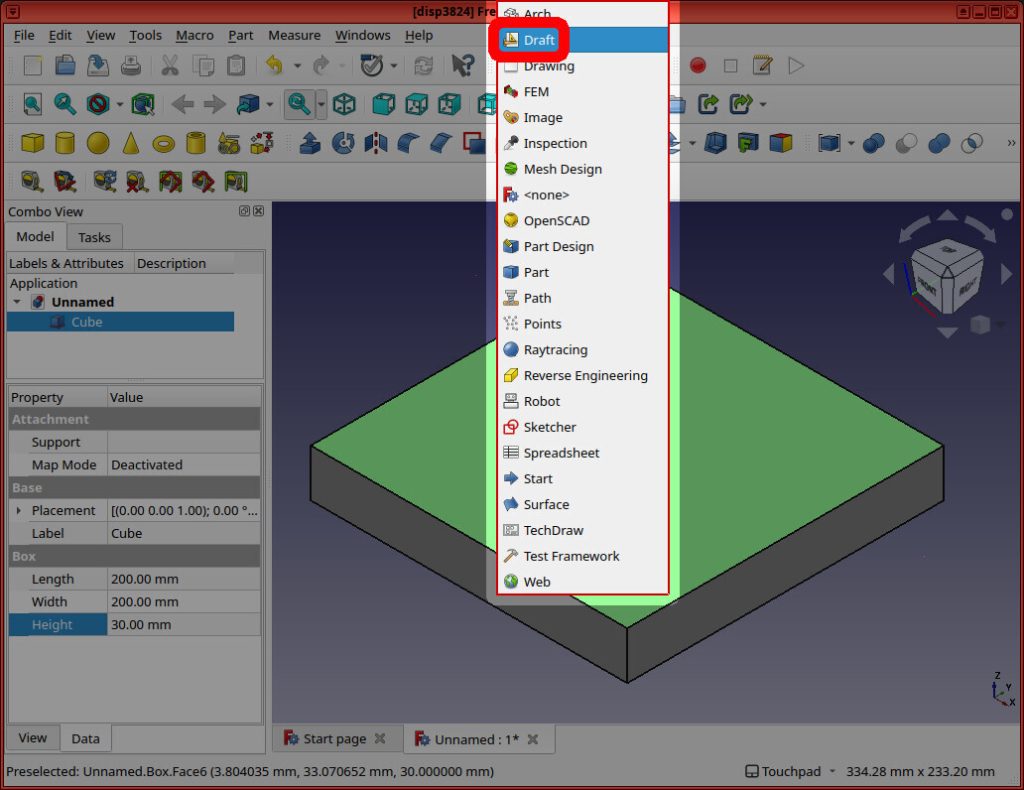 Screenshot of FreeCAD application shows the "Draft" item highlighted in red, in the workbench selector drop-down menu