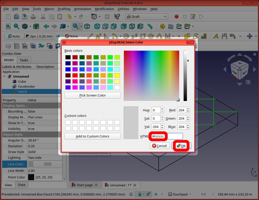 Screenshot of FreeCAD application shows a subwindow "Select Color" with "HTML" field = "#cccccc" highlighted in red. And the "OK" button is also highlighted in red.