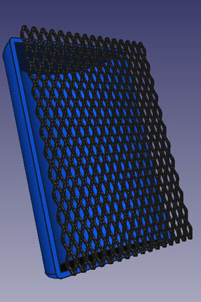 Screenshot of FreeCAD application shows an HDPE drum cut in-half with a sheet of expanded metal atop it