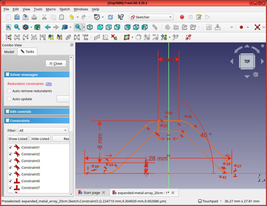 Screenshot of FreeCAD application shows a sketch of a single link of an expanded metal mesh