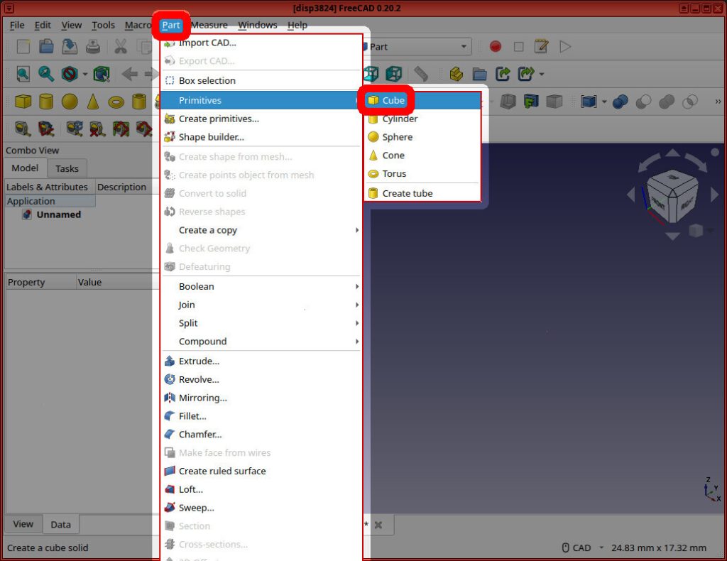 Screenshot of FreeCAD application shows the "Part" menu open, with "Primitives -> Cube" highlighted in red