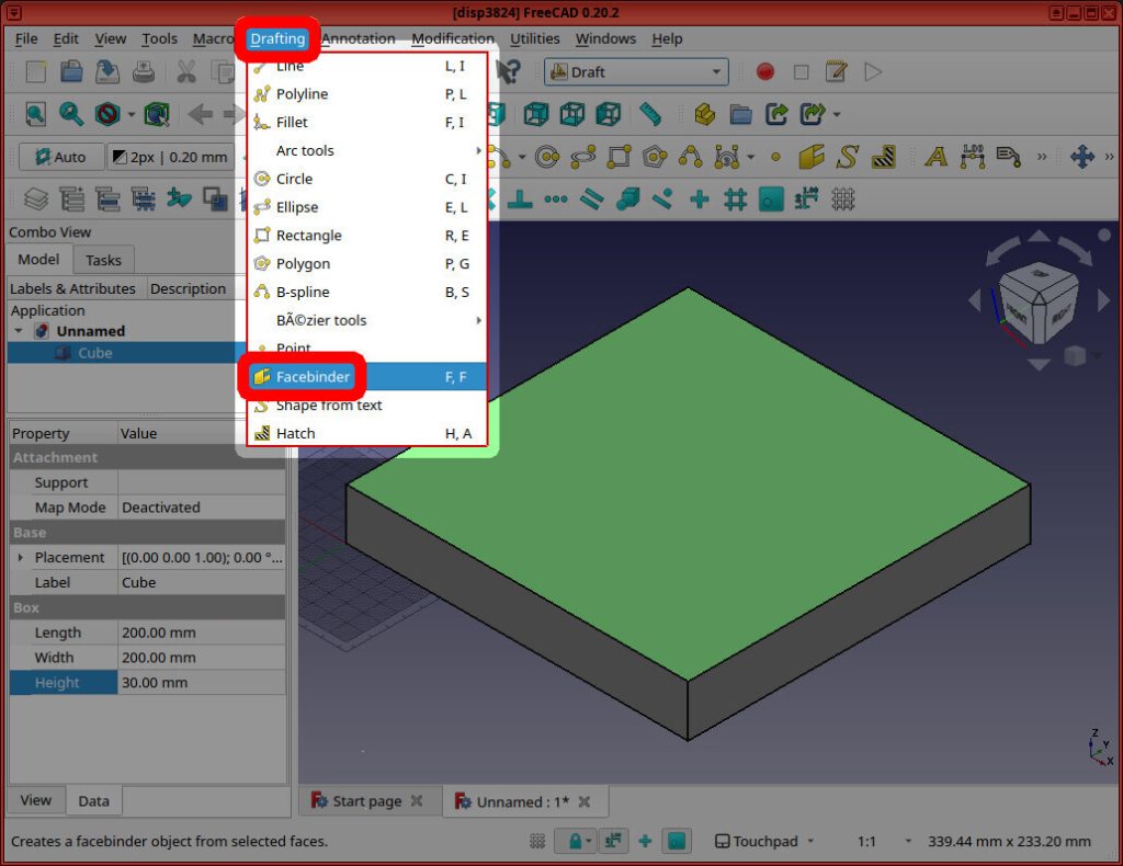 Screenshot of FreeCAD application shows the "Drafting" menu open, with "Facebinder" selected in red