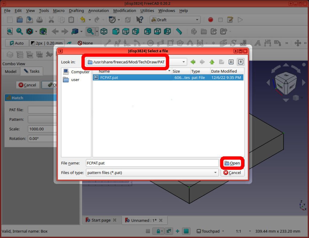 Screenshot of FreeCAD application shows the path in a "select a file" window highlighted (/usr/share/freecad/Mod/TechDraw/PAT) and the file "FCPAT.pat" selected. And the "Open" button highlighted in red.
