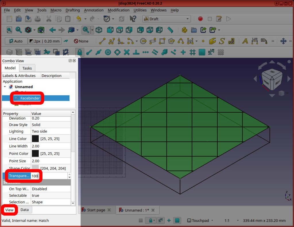 Screenshot of FreeCAD application shows the object named "Facebinder" is highlighted in red, and the "Transparency = 100" option is also highlighted in red, inside the "View" tab.