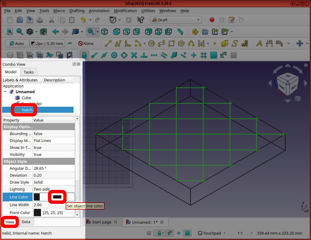 Screenshot of FreeCAD application shows the object named "Hatch" is highlighted in red, and the button next to "Line Color" is also highlighted in red, inside the "View" tab.