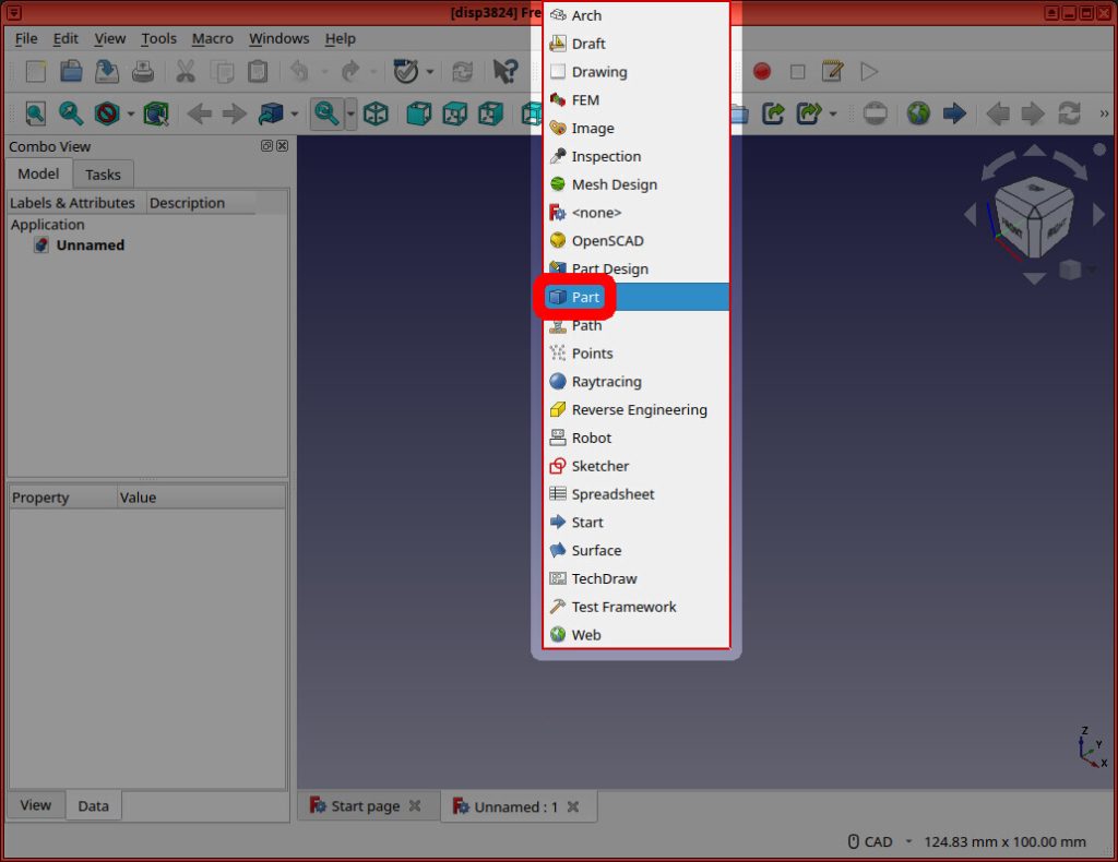 Screenshot of FreeCAD application shows the "Part" item highlighted in red, in the workbench selector drop-down menu