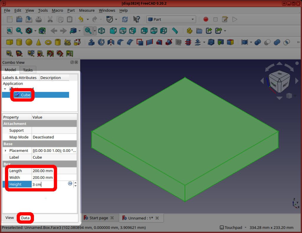 Screenshot of FreeCAD application shows the "Cube" object highlighted in red, and the "box" section of the "Data" tab is also highlighted in red, showing the user entered "Length = 200.0 mm" and "Width = 200.00 mm" and "Height = "3cm"